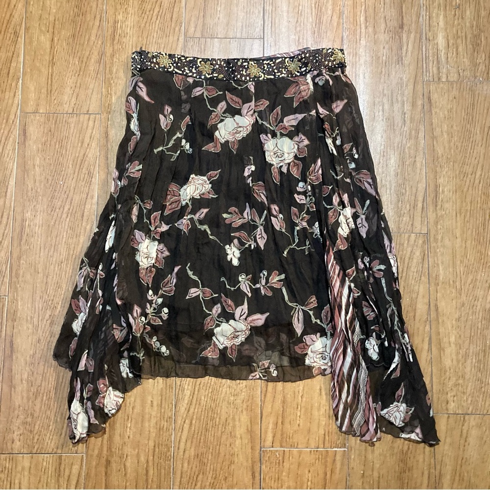 Floral Silk Knee Asymmetrical Skirt w/ Sequin Band Fairy Cottagecore